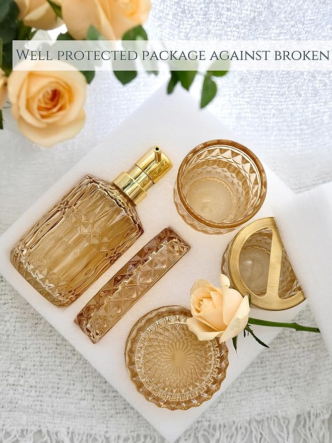 LaMarriti Clear Gold Bathroom Accessorries Set, 5Pcs Glass Bathroom Set, Soap Dispenser and Toothbrush Holder Set, Soap Dish, Tumbler, Q-Tips Holder Set for Modern Bathroom Sink, Cute Bathroom Decor