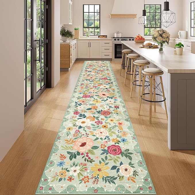 DUKINO 2x14 Runner Rug, Floral Long Washable Boho Kitchen Runner Rug with Non Slip Backing, Soft Non Shedding & Low Pile Carpet for Bedroom, Entrance, Laundry, Bathroom, Green