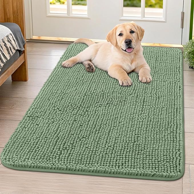 Smiry Dog Door Mat for Muddy Paws 40x32, Absorbent Dirt Trapper, Non-Slip Washable Chenille Entryway Rug for Inside Floor, Olive Green, Classic Solid