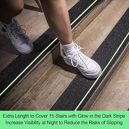 Anti Slip Tape with Glow in Dark Stripe for Stairs, 4”x35ft, Grip Tape for Stairs Steps for Outdoor/Indoor, Waterproof Non Slip Strips for Stair Treads, High Traction, Easy Install