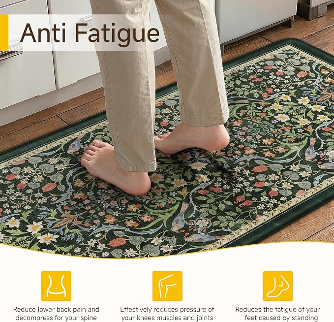 PureCozy Kitchen Mats for Floor 2PCS Anti Fatigue Cushioned Mat Non Slip Comfort Kitchen Rugs Vintage Floral Waterproof Standing Dark Green Mat for Sink Laundry Office Desk 17.3"x59"+17.3"x30"