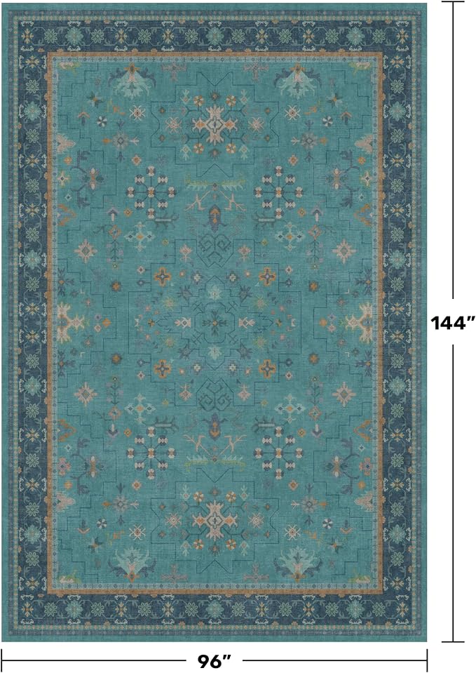 Large Boho 8x12 Teal Green Washable Living Room Rug - Vibrant Turquoise Rug for Bedroom Under Bed, Dining Room Under Table, Geometric Floral Low Pile & Soft Stain Resistant Carpet