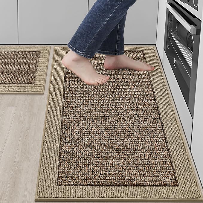 BEQHAUSE Kitchen Rugs and Mats Set of 2 Non-Slip Kitchen Mats for Floor, Absorbent and Stain Resistant Kitchen Runner, Machine Washable Rugs for Kitchen, Laundry & Sink, 20"x32"+20"x48", Taupe