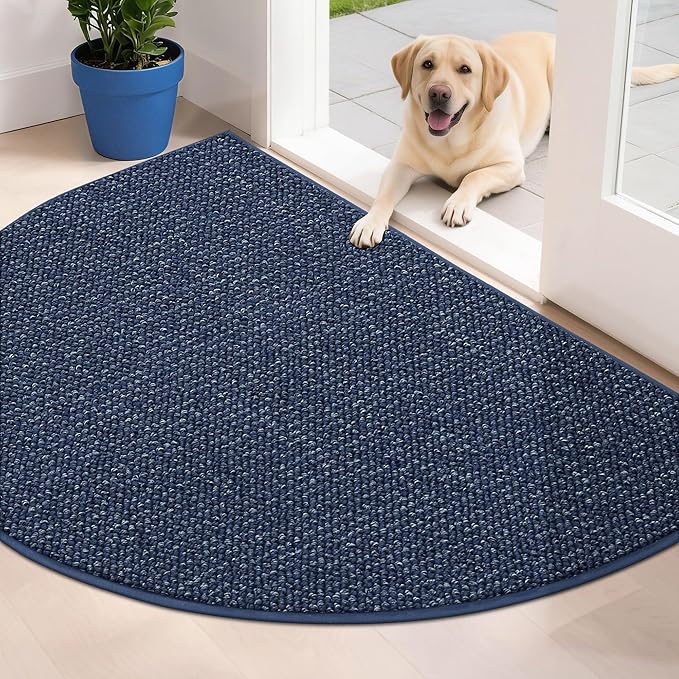 BEQHAUSE Dirt Trapper Door Mat 32" x 48" Half Circle Non-Slip Washable Doormats Entrance Rugs Absorbent Welcome Low Profile Floor Mats for Front Back Door and Entryway, Blue