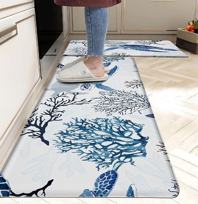 Coastal Beach Kitchen Floor Mat Rugs Nautical Decorative Coral Sea Turtle Kitchen Rugs Anti Fatigue Mats Non-Slip Comfort Standing Cushioned for Kitchen 17.3" 28" + 17.3" x 47" Set 2 Pcs Navy Blue