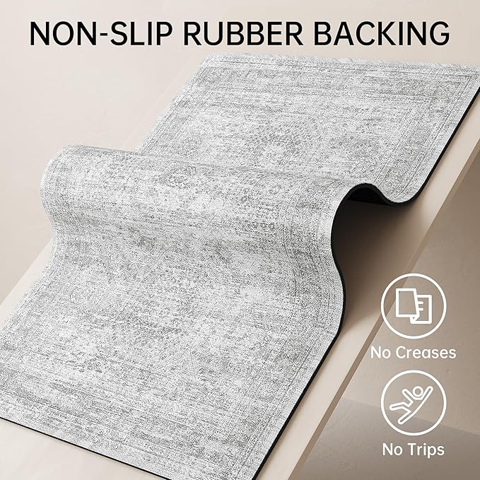 Mecko Bath Mat, Ultra Absorbent Quick Dry Bathroom Floor Mats-Rubber Non-Slip Thin Bathroom Rug Fit Under Door, Faux Suede Surface Shower Rug for Bathtub, Sink, Shower Room(Grey/Cream,16"x24")
