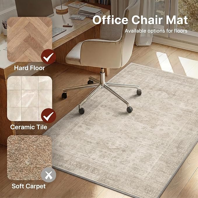 48"x72" Office Chair Mat for Hardwood Tile Floor, Under Desk Carpet Protector for Rolling Computer Chair Mat, Machine Washable Area Rug, Anti-Slip 1/5" Thick Low Pile Thin Vinyl Floor Mat, Ivory