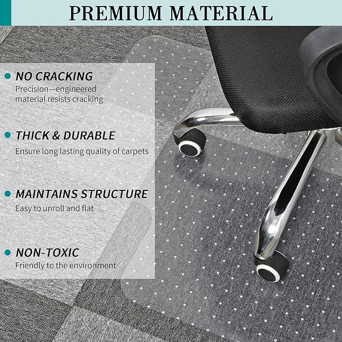 BesWin Office Chair Mat for Carpeted Floors, 45'' x 53'' Large Desk Chair Mat for Low Carpets, Premium Quality Hard Carpet Protector for Work, Home, Gaming, Easy Glide and Flat Without Curling