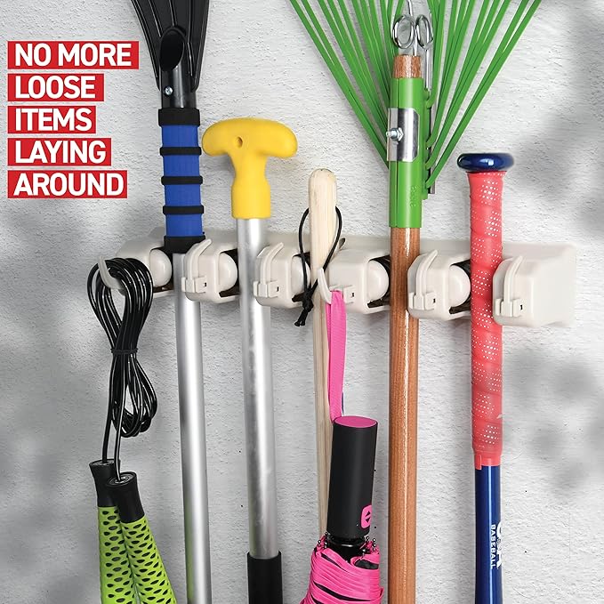 HOME IT Broom and Mop Holder Wall Mount – Heavy Duty Garage Organizer with 5 Slots & 6 Hooks, 7.5lbs Capacity Per Slot - Easy Install Storage Rack for Home, Kitchen, Laundry Room & Garden - Off-White