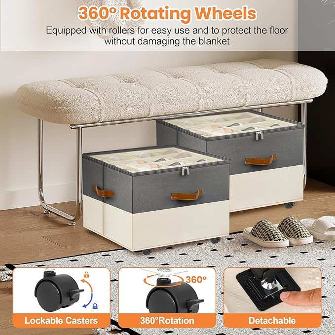 Shoe Organizer for Closet, Shoe Storage Organizer with Wheels and Adjustable Divider, Stackable Shoe Storage Box with Clear Cover, Foldable Closet Shoe Organizer Fits up to 16-32 Pairs, Gray and Beige