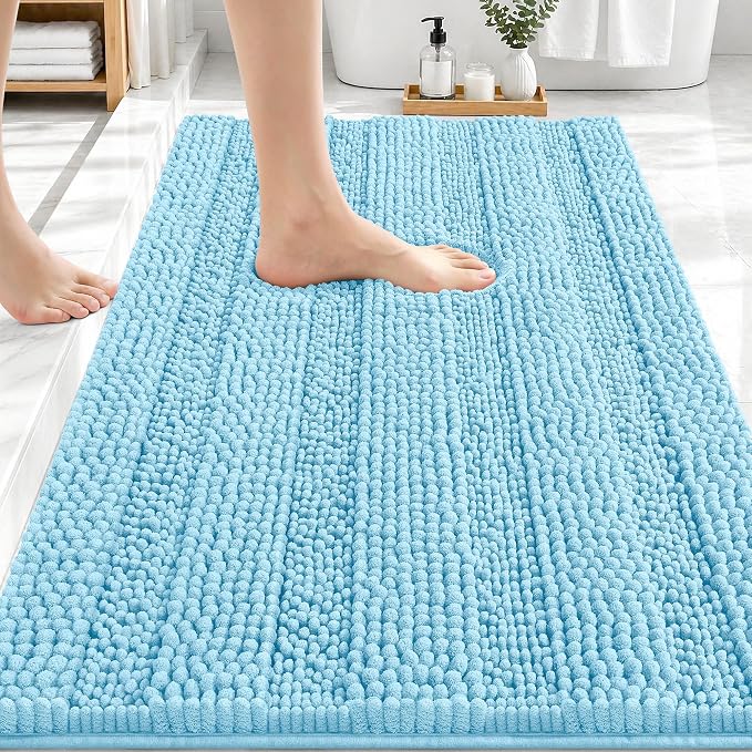 OLANLY Thick Bathroom Rugs 30x20, Extra Soft Absorbent Chenille Striped Bath Rugs, Rubber Backing, Machine Wash Dry, Bath Mats for Bathroom Floor, Tub and Shower, Home Decor Accessories, Sky Blue