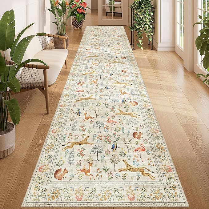 DUKINO 3x12 Runner Rug, Non Slip Animal Print Runner Rug for Hallway, Vintage Low Pile & Stain Resistant Soft Indoor Long Carpet Runner for Kitchen, Bathroom, Laundry, Bedroom, Beige