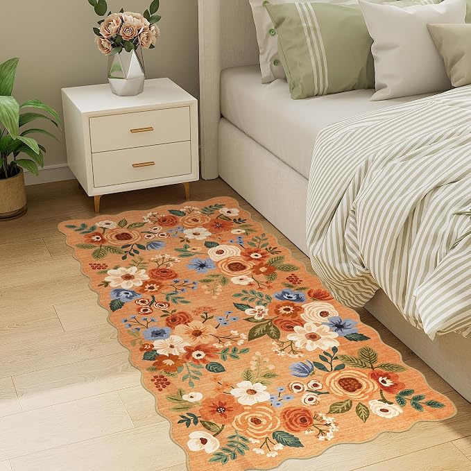 DUKINO 2x4 Washable Runner Rugs, Non Slip Floral Print Entryway Rug with Soft Low Pile, Lightweight Mat for Living Room, Bathroom, Bedroom, Kitchen, Orange