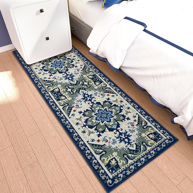 AREDO Runner Rug with Non Slip Rubber Backing, Washable Soft Floor Carpet for Kitchen, Hallway, Entryway Indoor, Bedroom, Laundry, Low Pile Area Rugs, Geometric Floral, Blue Pattern, 2' * 6'