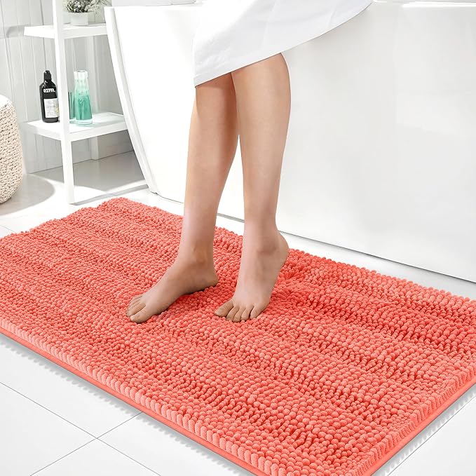 OLANLY Thick Bathroom Runner Rugs 44x24, Extra Absorbent Chenille Striped Bath Rugs, Rubber Backing, Machine Wash Dry, Long Bath Mats for Bathroom Floor, Tub and Shower, Home Decor Accessories, Coral