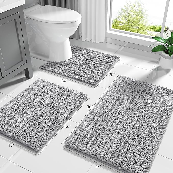 Yimobra Bathroom Rugs Non Slip Washable 32x20 Inch - Ultra Soft Absorbent Chenille Bath Mat, Quick Dry Shaggy Floor Carpet for Tub Shower, Gray Home Decor Accessories