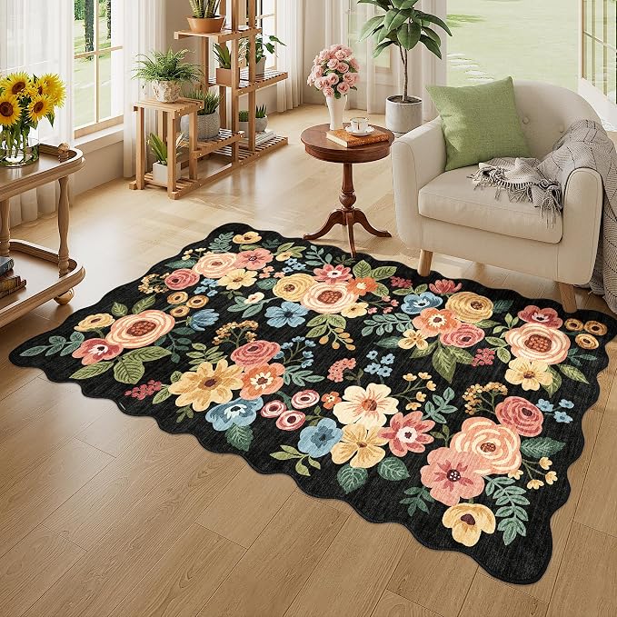 DUKINO 3x5 Area Rug, Floral Non-Slip Indoor Washable Rug with Low Pile & Non-Shedding, Lightwight Boho Design Carpet for Entryway, Bedroom, Kids Room, Living Room, Kitchen, Black