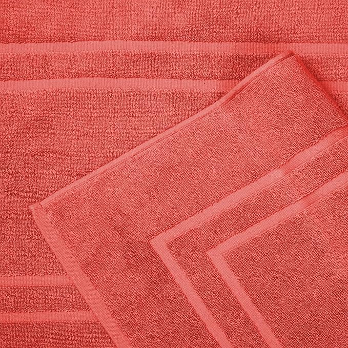 Feather & Stitch 2 Piece Towel Like Bath Mats (30x21 Inch) 100% Cotton Terry Bath Mat, Bathroom Shower Floor Mat [NOT A Bathroom Rug], Soft Absorbent Washable Mats - Coral