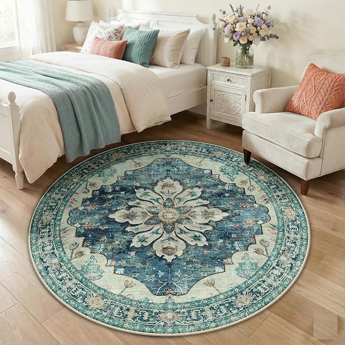 RELEANY Area Rugs Round 5ft Washable Non-Slip, Floral Vintage Distress Medallion Carpet for Living Room Bedroom Dining Room, Dark Blue Vintage
