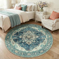 RELEANY Area Rugs Round 5ft Washable Non-Slip, Floral Vintage Distress Medallion Carpet for Living Room Bedroom Dining Room, Dark Blue Vintage