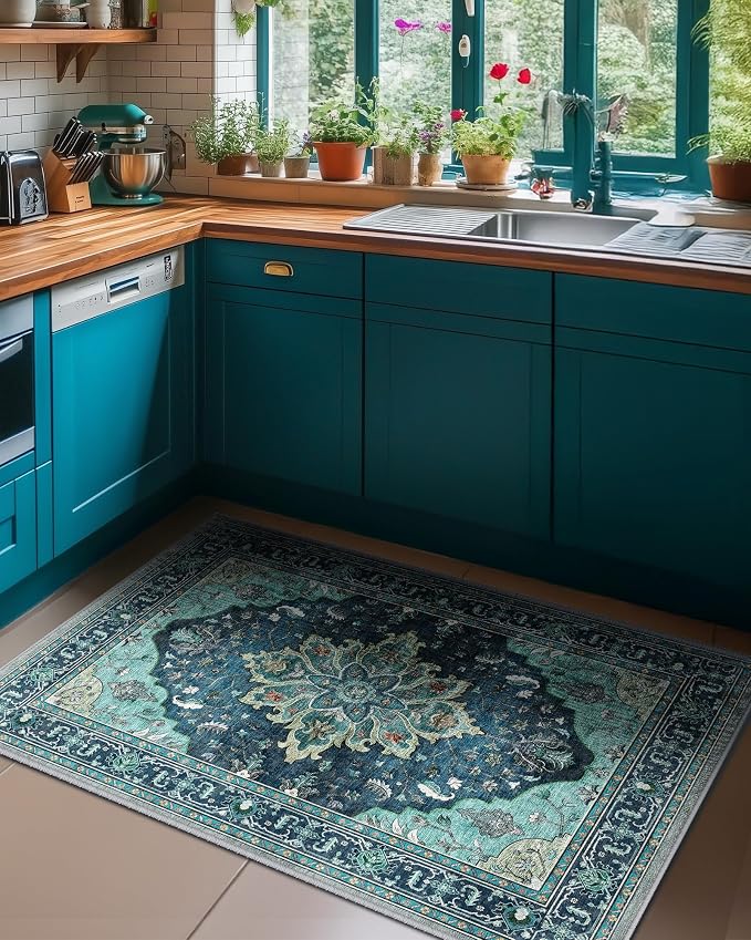 RELEANY Area Rugs 3'x4' Washable Non-Slip, Floral Vintage Distress Medallion Carpet for Living Room Bedroom Dining Room, Teal Green Lake Blue Turquoise
