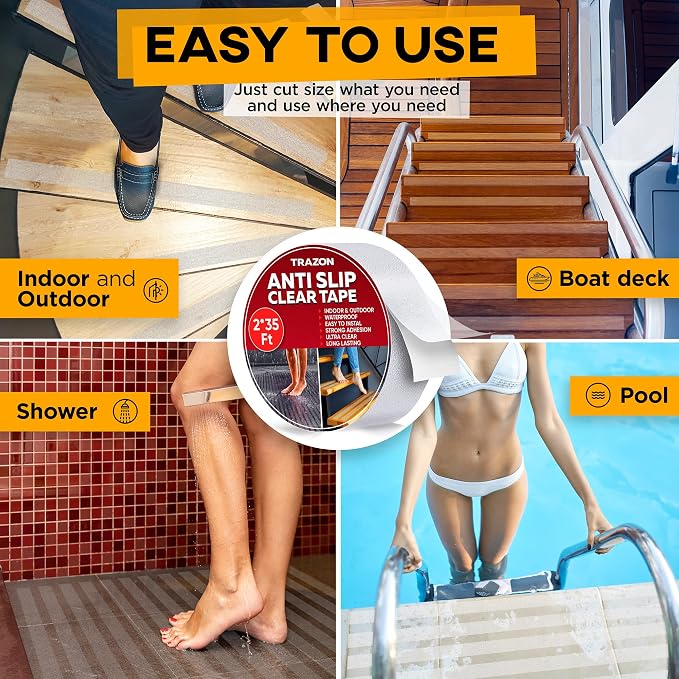Grip Tape - Heavy Duty Anti Slip Tape Clear Outdoor/Indoor 2In*35Ft, Non Slip Roll/Stickers Easy to Cut Waterproof for Bathtub, Shower Floor, Pool, Stairs Safety Non Skid, Comfortable for Bare Foot