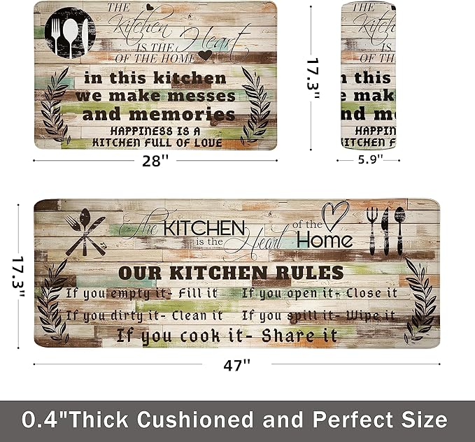 weesire Kitchen Mats for Floor Anti Fatigue Mats for Kitchen Floor Kitchen Rugs Farmhouse Style Memory Foam Kitchen Mat Cushioned PVC Leather Kitchen Rug Set, 17.3x28+17.3x47 inchs