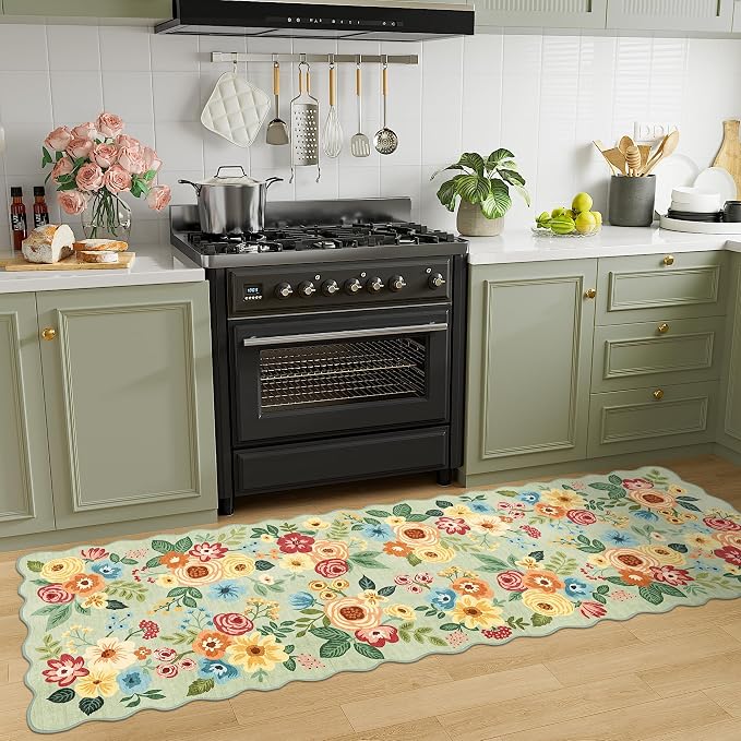 DUKINO 2x10 Runner Rug for Hallway, Washable Kitchen Rug with Non Slip Backing & Non-Shediing, Soft Low Pile Floral Design Runner for Bedroom, Kithchen, Living Room, Laundry, Bathroom, Green