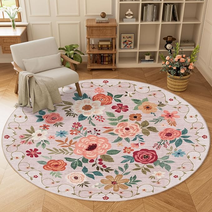 DUKINO Floral Round Rug, 6ft Washable Circle Rug, Non Slip Indoor Low Pile Circle Rug, Soft Small Boho Design Carpet for Bedroom, Entryway, Living Room, Dining Room, Beige
