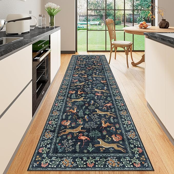 DUKINO Washable 2.6x10 Runner Rug, Non Slip Animal Print Runner Rug for Hallway, Vintage Low Pile & Stain Resistant Soft Indoor Carpet Runner for Kitchen, Bathroom, Laundry, Bedroom, Navy Blue