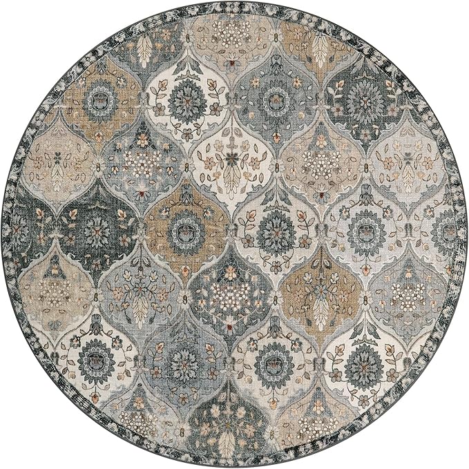 Lahome Moroccan Washable Round Rug 5ft, Soft Vintage Circle Rug for Dining Room Office Bedroom Bathroom Entryway, Distress Non Slip Low Pile Stain Resistant Accent Rug Elise, Grey