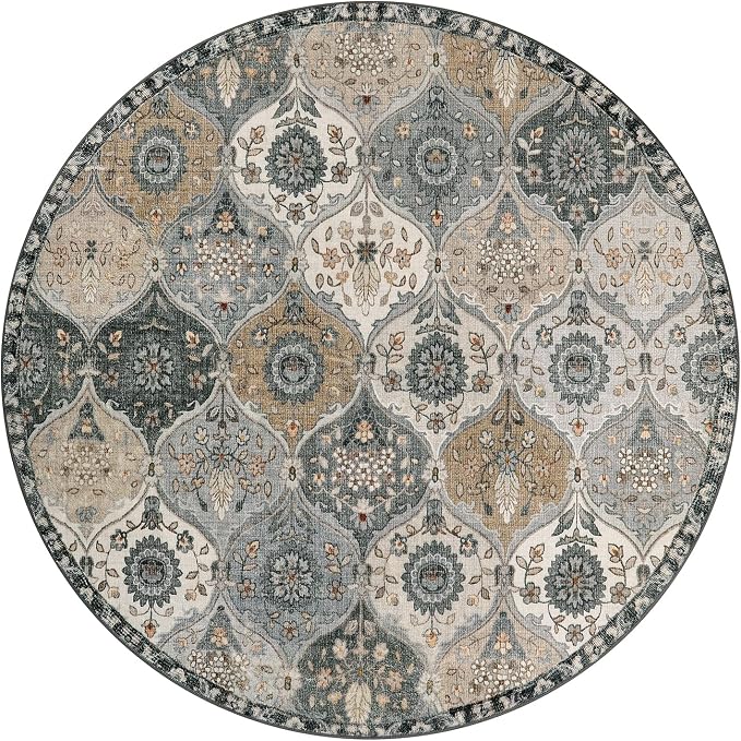Lahome Moroccan Washable Round Area Rug, Soft Vintage Round Rugs 6ft for Dining Room Bedroom, Ultra-Thin Non-Slip Distress Large Circle Carpet for Living Room Nursery Elise, Grey