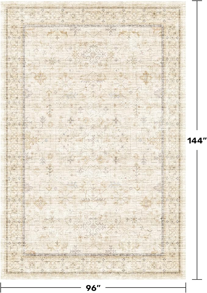 Hazo Haus Washable Ivory Beige Living Room Rug, 8x12 Non Slip Area Rugs for Bedroom, Dining Room Under Table, Low Pile Neutral Farmhouse Vintage Foldable Décor
