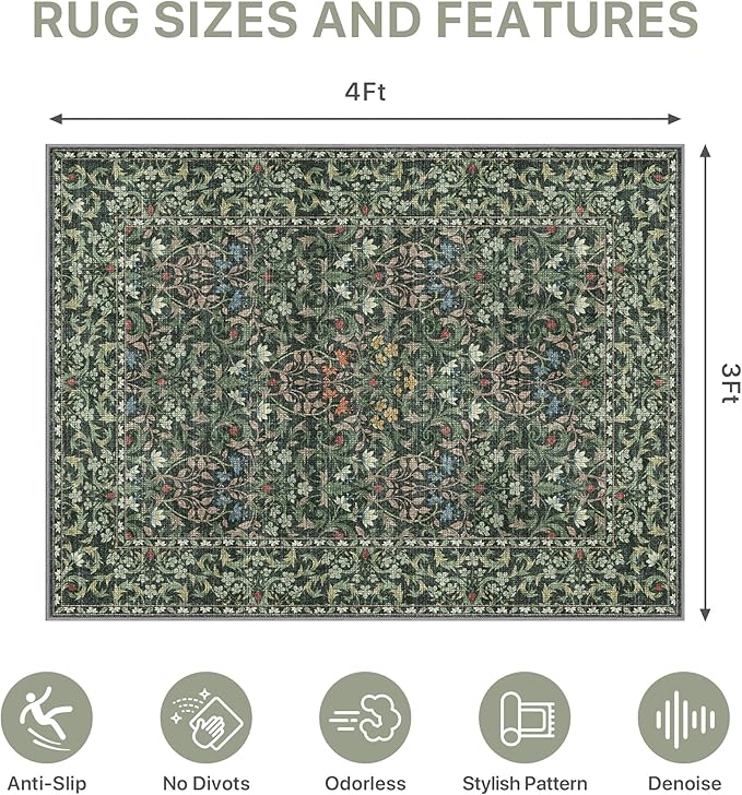 36"x48" Office Chair Mat for Hardwood Tile Floor, Under Desk Carpet Protector for Rolling Computer Chair Mat, Machine Washable Area Rug, Anti-Slip 1/5" Thick Low Pile Thin Vinyl Floor Mat, Moss Green