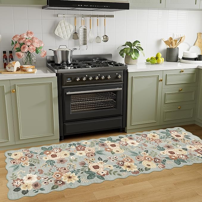 DUKINO 2x6 Runner Rug for Hallway, Washable Kitchen Rug with Non Slip Backing & Non-Shediing, Soft Low Pile Floral Design Runner for Bedroom, Kithchen, Living Room, Laundry, Bathroom, Sage Green