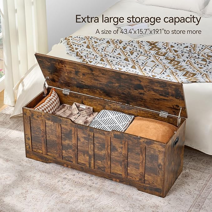 VANKILEY 47.2"Storage chest extra large,storage trunk with 2 safety Hinges,Wooden storage bench,Shoe Bench,47.2x15.7x19.1 Inch,Easy Assembly,storage bench for bedroom,living room,entryway,Rustic brown
