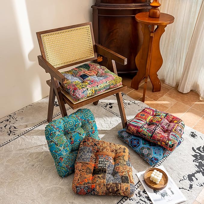 vctops Boho Paisley Chair Cushions with Ties Patchwork U-Shaped Soft Cozy Cotton Linen Chair Pads Non Slip Seat Cushions for Indoor Dining Room and Kitchen Chairs (Tan,16"x16")