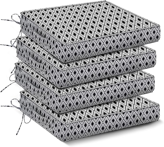 IPYNBAP Outdoor Chair Cushions Set of 4 -Waterproof Outdoor Seat Cushions for Patio Furniture, Patio Chair Cushion with Handle and Ties, Out Door Chair Pads,17x16x2-Square, Black Geometry