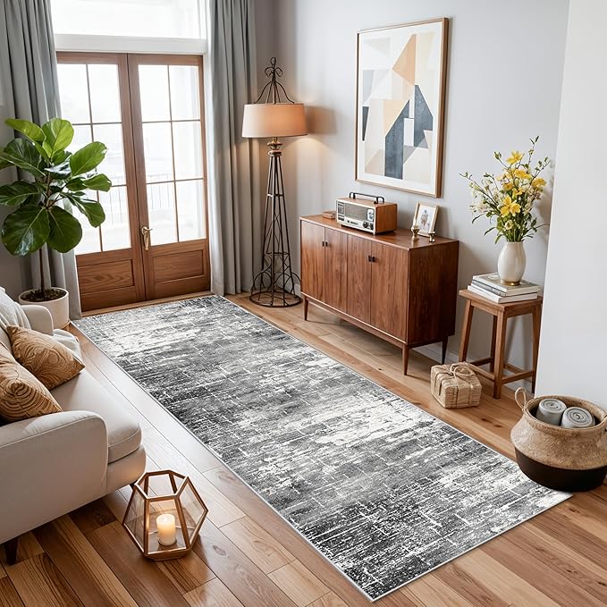 2x8 Washable Hallway Runner Rug: Abstract Stain Resistant Kitchen Rugs Farmhouse Ultra Soft Bathroom Bedroom Entryway Print Floor Mat Thin Non-Slip Indoor Carpet for Living Room Laudry(2x8,Black/Grey)