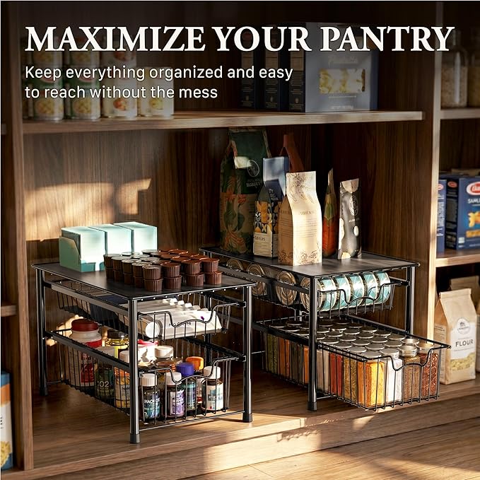 Simple Houseware Stackable Sliding Basket Organizer Drawer, Black, 2-Tier