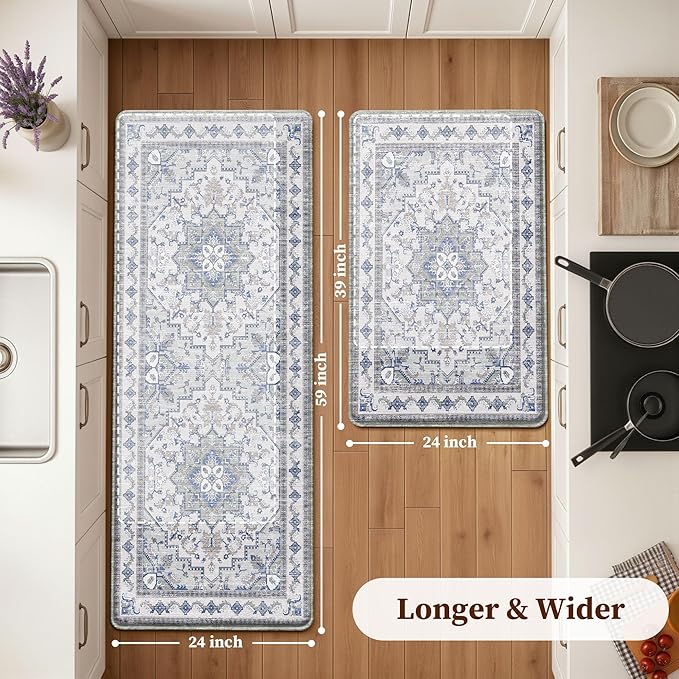 Boho Kitchen Mats for Floor 2 Piece Set Anti Fatigue Cushioned PVC Kitchen Rugs Non Slip Waterproof Farmhouse Mats 2/5 Inch Comfort Standing Mat for Sink, Laundry, 23.6"x39"+23.6"x59",C2