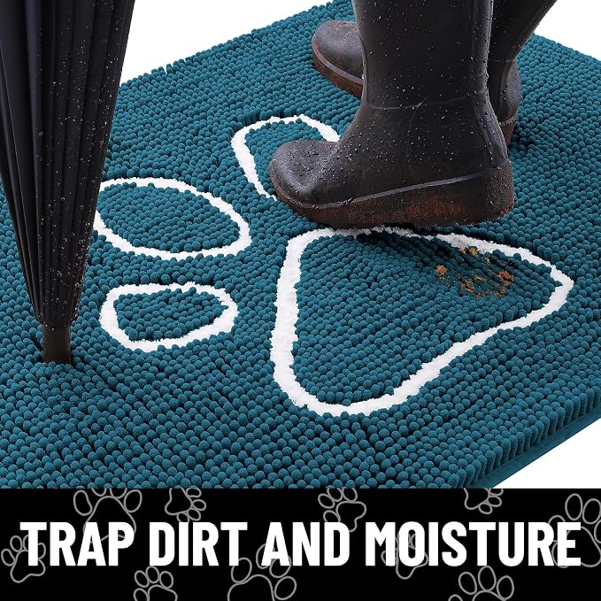 Smiry Dog Door Mat for Muddy Paws, Absorbent Dirt Trapper Non Slip Quick Dry Washable Chenille Mat for Mud Dogs, Entry Rug for Indoor and Outdoor (47x32 Inches, Atlantic Blue and White)