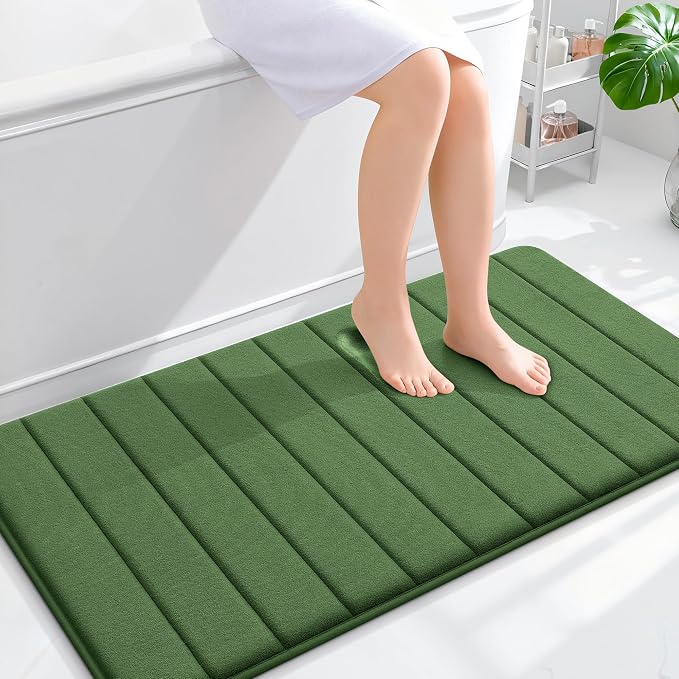 OLANLY Memory Foam Bath Mat 44x24, Super Soft Absorbent Bathroom Rugs, Quick Dry, Machine Washable Shower Floor Rugs, Bathmat Carpet, Bathroom Home Decor Accessories, Olive Green