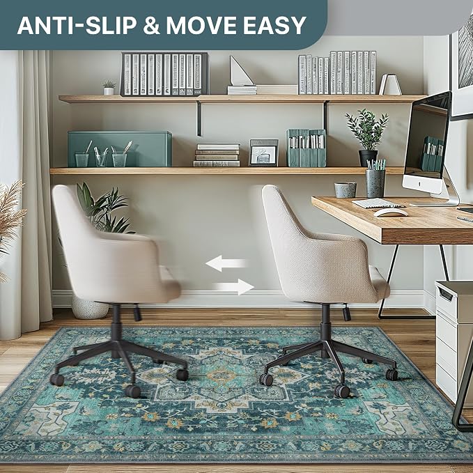48"x60" Office Chair Mat for Hardwood Tile Floor, Under Desk Carpet Protector for Rolling Computer Chair Mat, Machine Washable Area Rug, Anti-Slip 1/5" Thick Low Pile Thin Vinyl Floor Mat, Turquoise