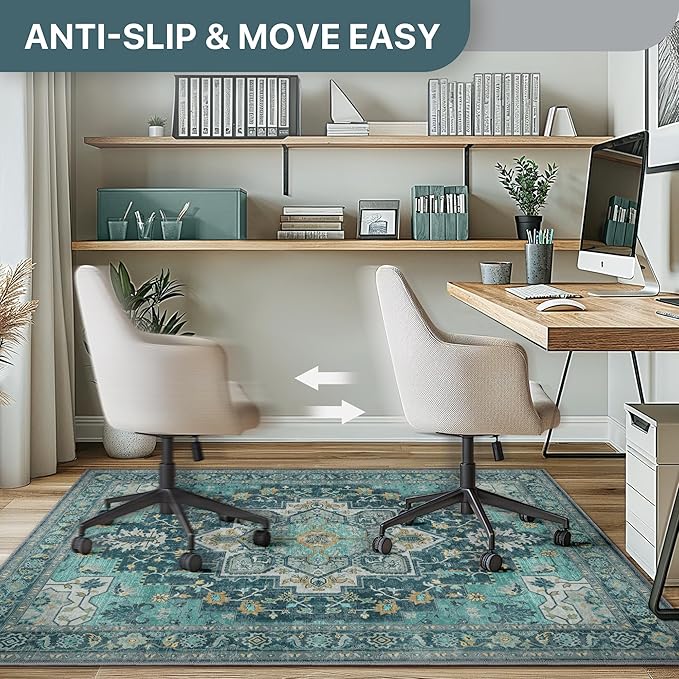 48"x72" Office Chair Mat for Hardwood Tile Floor, Under Desk Carpet Protector for Rolling Computer Chair Mat, Machine Washable Area Rug, Anti-Slip 1/5" Thick Low Pile Thin Vinyl Floor Mat, Turquoise