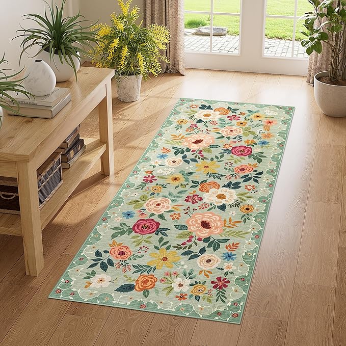 DUKINO 2x5 Runner Rug for Hallway, Washable Kitchen Floral Runner Rug with Non Slip Backing, Low Pile Soft Boho Carpet for Kitchen, Hallway, Entryway, Laundry, Bedroom, Green