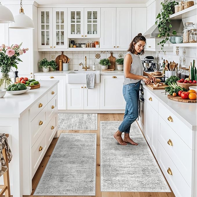 Washable Non-Slip 3 Piece Kitchen Rugs Set – Modern Boho Low-Pile Area Rugs and Runner for Entryway Bathroom Hallway – Decorative Small Indoor Rugs (Grey Ivory, 2x3+2x4+2x5)