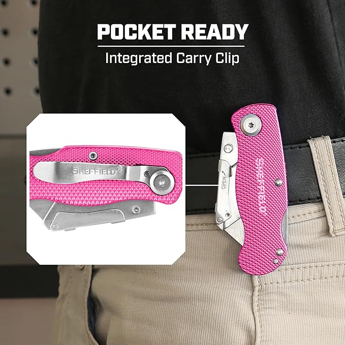 Sheffield 12346 Lock Back Utility Knife 4 Pack with 10 Blades, Quick Change Folding Box Cutter, Aluminum Handle Utility Knives with Pocket Clip, Pink & Purple