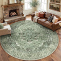 RELEANY Area Rugs Round 8ft Washable Non-Slip, Floral Vintage Distress Medallion Carpet for Living Room Bedroom Dining Room, Dark Green Gray