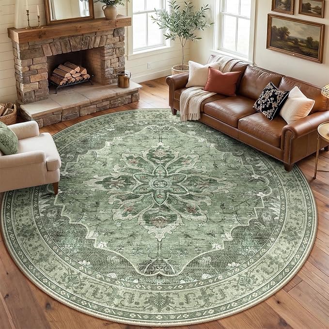 RELEANY Area Rugs Round 8ft Washable Non-Slip, Floral Vintage Distress Medallion Carpet for Living Room Bedroom Dining Room, Dark Green Gray